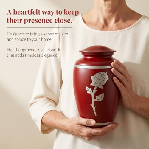 Red Rose Cremation Urn for Ashes Adult Female, 220 Cubic Inches | Hand-Engraved Rose, Solid Metal Build, Threaded Lid, Velvet Bag Included, Burial or Display Ready, Holds 220 Pounds - color: Red