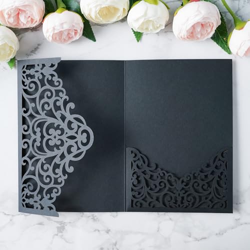 ponatia 20PCS Black Laser Cut Wedding Invitations Pockets, Tri-fold 5x7 Laser Cut Invitation Pockets for Wedding Bridal Shower Quinceanera 15 Anos Invite (No Envelopes & Inner Sheets) - color: Black