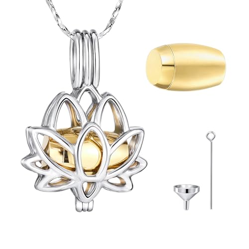 MeMeDIY Stainless Steel Urn Necklaces for Ashes Cremation Jewelry for Ashes Mini Keepsake Urn Memorial Ash Jewelry Lotus Flower Shape Urn Necklace Engraved Text - color: A2: Silver + Gold