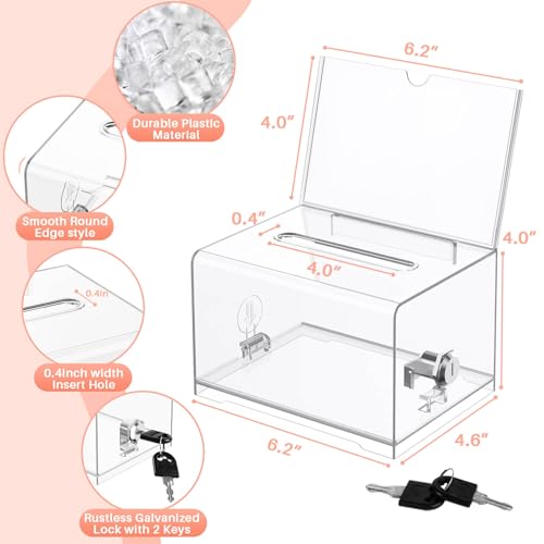 Clear Donation Box with Lock & Sign Holder, Versatile for Fundraising, Ballot Voting, Suggestions, and Tips Jar, Secure Storage Design, Size 6.2x4.6x4.0 Inch, Clear 2 Pack - size: Clear 2p