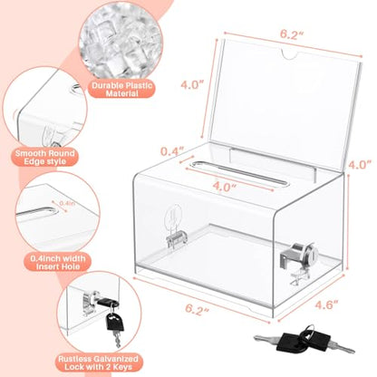 Clear Donation Box with Lock & Sign Holder, Versatile for Fundraising, Ballot Voting, Suggestions, and Tips Jar, Secure Storage Design, Size 6.2x4.6x4.0 Inch, Clear 2 Pack - size: Clear 3p
