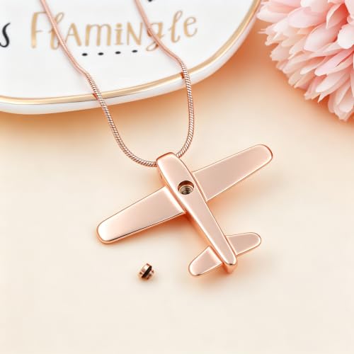 Airplane Ashes Necklace Aircraft Cremation Urn Necklace for Ashes Pendant Stainless Steel Keepsake Memorial Jewelry for Women Men - color: Rose gold