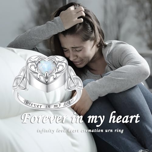 925 Sterling Silver Heart Opal Urn Ring for Ashes Celtic Knot Memorial Ring | Forever in My Heart, Cremation Keepsake Jewelry, Gift for Women