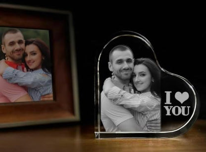 Crystal Heart Photo Frame, Upright Heart Crystal Keepsake，Transparent 3D Laser-Etched, Tabletop Display - size: Upright Heart