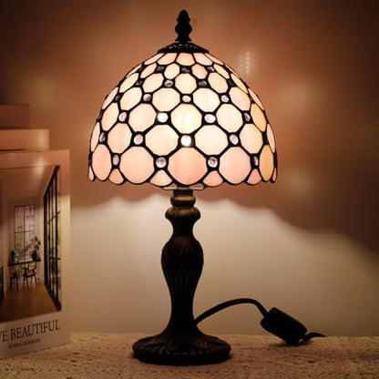 Small Tiffany Stained Glass Table Lamp,Pink | Mini Desk Accent Light, Bedroom Bedside Reading, Antique Style Decor, 8X15 Inches - color: Pink