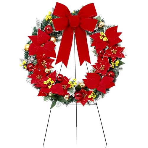 Crowye 24in Christmas Cemetery Wreaths for Graves with 30 Inch Wreath Easel Stand Outdoor Cemetery Stand Decoration Red Bows Xmas Headstone Decor for Memorial Ornament Supplies(Poinsettia) - style: Poinsettia