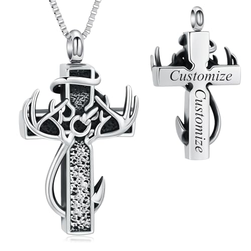 XSMZB Cross Cremation Jewelry Urn Necklace for Human Ashes Fish Hook Memorial Urn Pendant Deer Antler Cross Ashes Holder Keepsake Jewelry - color: Customize