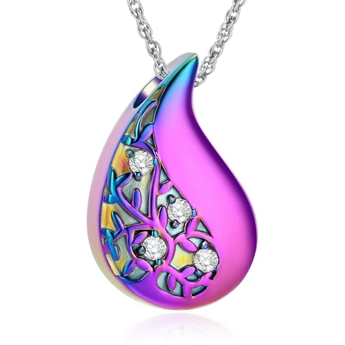 Tree of Life Teardrop Urn Necklace for Ashes Teardrop Crystal Cremation Jewelry Celtic knot Ashes Pendant Stainless Steel Keepsake Memorial Jewelry for Women Men - color: Rainbow
