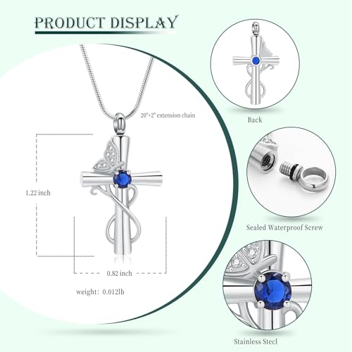 Butterfly Cross Cremation Jewelry Urn Necklaces Cross Butterfly Urn Necklaces for Ashes Memorial Keepsake Pendant for Women Men Gifts With Funnel Kit & Bag - color: Silver+Blue