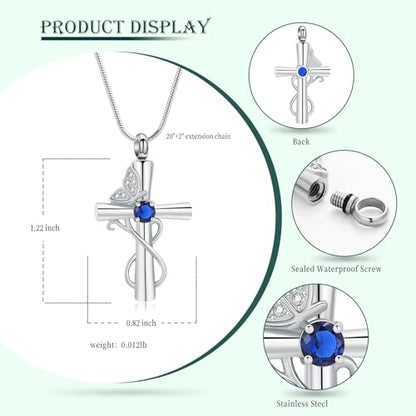 Butterfly Cross Cremation Jewelry Urn Necklaces Cross Butterfly Urn Necklaces for Ashes Memorial Keepsake Pendant for Women Men Gifts With Funnel Kit & Bag - color: Silver+Blue