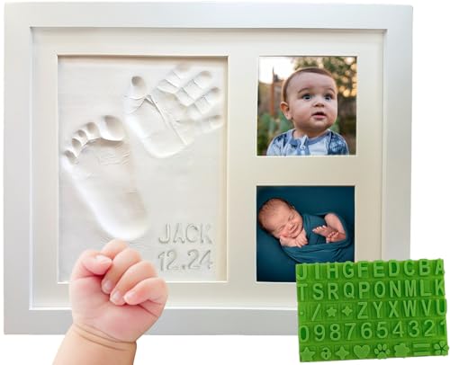 Baby Hand & Footprint Kit Frame Keepsake & Clay New Mom Gift (Clean White) | Baby Footprint, Newborn Nursery Picture Frame, Handprint Milestone Moments, Baby Shower & Registry, Personalized Gift - color: White