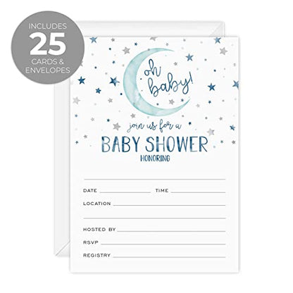 Canopy Street Starry Delight Baby Shower Invites / 25 Invitation Cards With White Envelopes / 5" x 7" Flat Twinkle Star Invitations/Fill In Gender Neutral Baby Party Cards/Made In The USA - color: Starry Delight