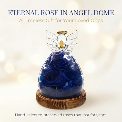 Preserved Rose Eternal Flower in Glass Angel Figurine Real Forever Rose with LED Lights Angel Gifts for Women Birthday Mother's Day Valentine's Glass Dome Blue Sapphire - color: Deep Sapphire Blue