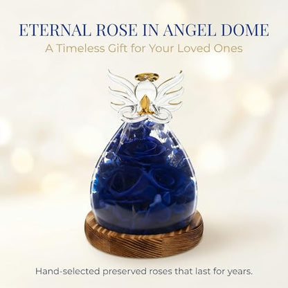 Preserved Rose Eternal Flower in Glass Angel Figurine Real Forever Rose with LED Lights Angel Gifts for Women Birthday Mother's Day Valentine's Glass Dome Blue Sapphire - color: Deep Sapphire Blue