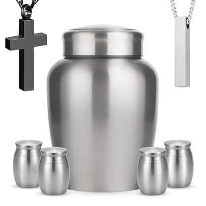 Stainless Steel Silver Urn for Ashes Adult Male & Female, Cremation urns for Human Ashes Man & Women, Set of 7 Includes 1 Large Urn, 4 Keepsakes & 1 Silver & Black Cross Necklace - color: Stainless Steel Urn - Strandard Set