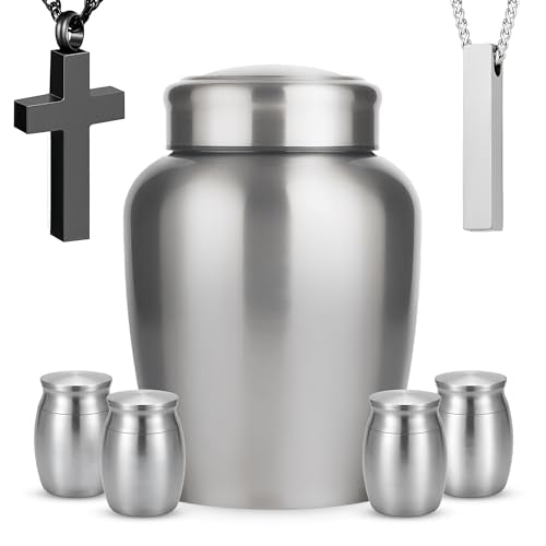 Stainless Steel Silver Urn for Ashes Adult Male & Female, Cremation urns for Human Ashes Man & Women, Set of 7 Includes 1 Large Urn, 4 Keepsakes & 1 Silver & Black Cross Necklace - color: Stainless Steel Urn - Strandard Set