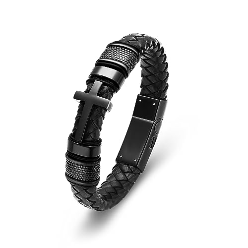 Minicremation Cross Cremation Jewelry Urn Bracelet for Ashes Genuine Leather for Women Men Keepsake Memorial Cuff Bangle Braided Wristband Bracelet for Men - color: Black-A, size: 18cm/7.08"