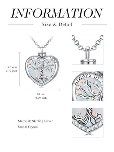 TOUPOP Tree of Life Urn Necklaces for Ashes 925 Sterling Silver Heart Cremation Jewelry Memorial Keepsake Jewelry with Funnel Filler for Women Men - color: A-Heart Tree of Life-White Opal