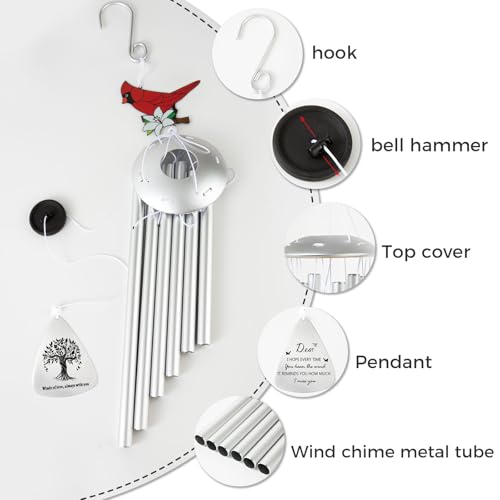Wind Chimes for Outside, Sympathy Gift for Loss of Loved One, Sliver | Red Cardinal Sympathy Wind Chimes with Tree of Life Pendant, Weather-Resistant Aluminum Tubes, Bereavement Remembrance Gift - color: Sliver