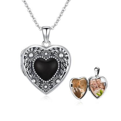 Locket Necklace for Women 925 Sterling Silver Celtic Locket Pendant Necklace Moonstone/Turquoise/Black Agate Heart Shaped Locket Necklace Jewelry Gifts for Women - style: Black Onyx Locket 1