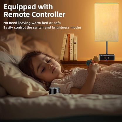 Bedroom Nightstand Lamp with Charger, Touch Table Lamps with Remote Control - color: Beige