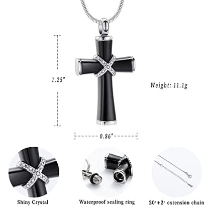 Minicremation Rope Winding Cross Cremation Ashes Urn Pendant Necklace Memorial Keepsake Jewelry Lord’s Prayer Cross Ashes Necklaces - color: Black with Crystal