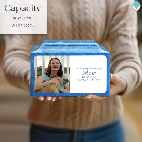 GetUrns Cultured Marble Urn Vault by Mackenzie with Personalized Picture and Text for Human Ashes I Mystic Blue Adult Urns for Male and Female I 210lbs - color: Mystic Blue