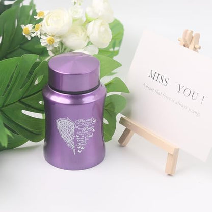 4.5 Inches Small Keepsake Urn for Human Ashes - Heart Wing Pattern Memorial Container - Stainless Steel Mini Cremation Urn - size: Wing-Purple