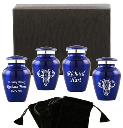 Customized Small Urns for Human Ashes Set of 4, Blue Keepsake Cremation Urns with Personalized Engraving, Guardian Elephant Design, Velvet Pouches & Gift Box