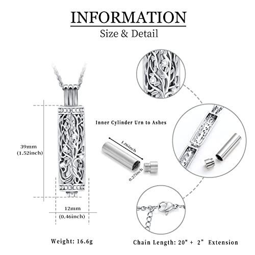 shajwo Cylinder Cremation Jewelry Tree of Life Urn Ashes Necklace for Women Men Vial Cremation Ash Pendant Loved One Memorial Jewelry - color: Silver
