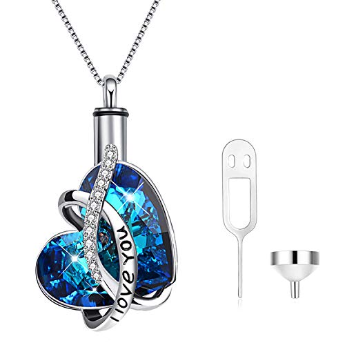 AOBOCO Heart URN Necklace S925 Sterling Silver Cremation Necklaces for Ashes Embellished with Crystals from Austria, Fine Keepsake Memorial Jewelry (Package including a Necklace/Pin/Funnel) - style: A3 I love you - Unique
