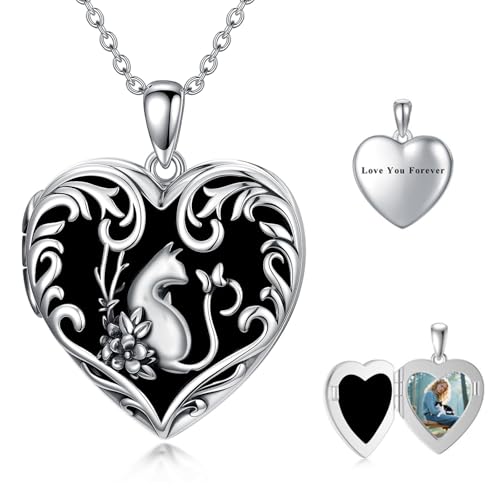 Dorunmo Personalized Heart Locket Necklace That Holds 2 Picture 925 Sterling Silver Custom Lockets Pendant Memorial Jewelry Gifts for Mom Sisters - color: Cat-Black Onyx, style: Personalized-Photo+Text