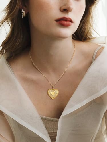 FindChic Locket Necklace for Women Custom Photo Memorial Gifts Multi-Shaped | Silver/Black/Rose Gold/Gold Plated Personalized Gifts for Loved Ones, Birthday Valentine's Day Keepsake - color: Gold-Heart to Heart