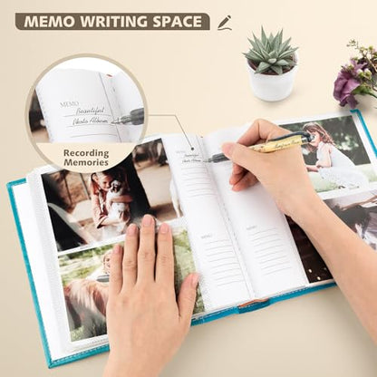 Photo Album Hold 200 4x6 Photos with Memo Writing Space (Dark&Light Blue) | Faux Leather Picture Book Fits 4x6 Photo, 200 Pockets Great for Wedding Family Holidays - color: Dark Blue & Light Blue