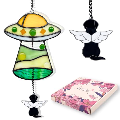 UFO Dog Memorial Gifts for Loss of Dog, Unique Pet Loss Sympathy Stained Glass Spaceship Suncatcher, Thoughtful Bereavement Window Hanging for Memory Puppy Passing Away Remembrance - Green - color: Green - Dog