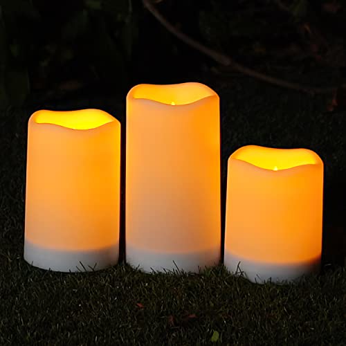 Homemory Solar Candles Outdoor Waterproof, Dusk to Dawn Sensor, 3"x4"5" 6" | Rechargeable Candles, IP65 Water-resistant Solar Powered Flameless Candles for Outdoor, Lanterns, Patio, Garden, Set of 3 - size: D3"xH4"5"6", 3 Pcs, Plastic