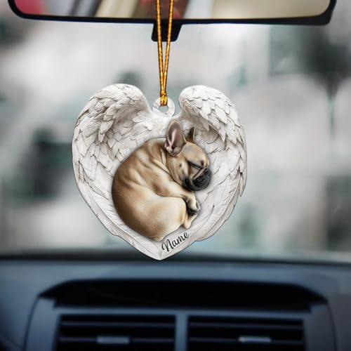 Sleeping Dog French Bulldog Memorial Ornaments with Custom Name, Forever in Our Hearts Ornament, Dog French Bulldog Angel Wings Ornament, Personalized Sympathy Gift for Loss of Pet