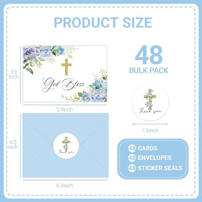 48 Pack Christian Thank You Cards, Watercolor Blue Floral Cross Baptism Thank You Cards with Envelopes & Stickers, VBS Thank You Cards First Communion & Religious Occasions - style: 48 Pcs - Blue Christian