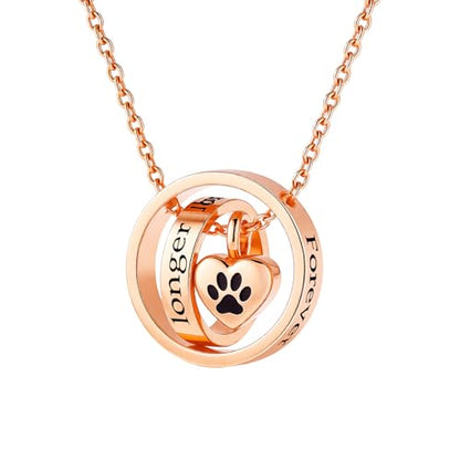 Cremation Jewelry for Ashes Pendant Dog/Cat Funeral Keepsake Urn Necklace Paw Print Memorial Necklace Forever in My Heart,No Longer by My Side Pet - color: Rose Gold