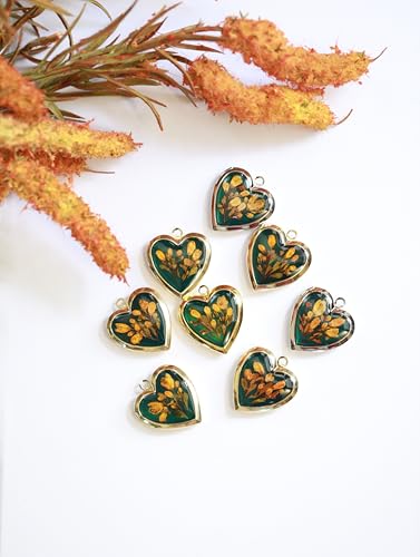 Handmade Dried Pressed Flower Heart Shaped Photo Locket Pendant Necklace - color: Silver, style: Orange Flower on Green