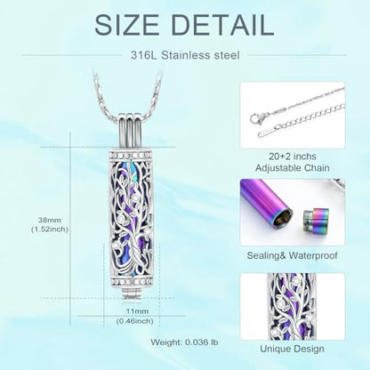 Tree of Life Urn Necklace for Women Men Cylinder Bar Memorial Ash Pendant | Tree of Life Cremation Jewelry,Stainless Steel Keepsakes Necklaces,Vial Ashes Pendant - color: Silver-Rainbow