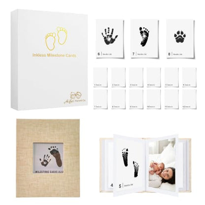 15 Pack Little Lullaby Inkless Milestone Cards Baby Hand and Footprint Kit 12 Months Newborn Memory Book Keepsake Ink Pad for Handprints Footprints (White Box + Beige Photo Album) - style: White Box + Beige Photo Album