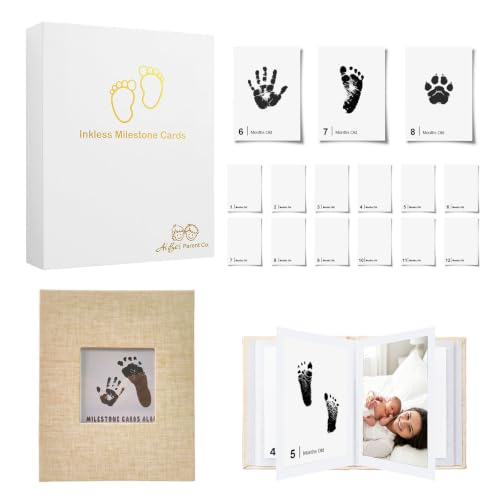 15 Pack Little Lullaby Inkless Milestone Cards Baby Hand and Footprint Kit 12 Months Newborn Memory Book Keepsake Ink Pad for Handprints Footprints (White Box + Beige Photo Album) - style: White Box + Beige Photo Album