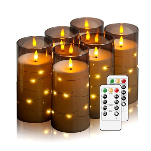 Flickering Flameless Candles with Remote Timer, 6pcs LED Battery Operated Candles with Embedded String Lights Grey, Fall Halloween Candles Decor for Home, D3 H6 - color: Gray
