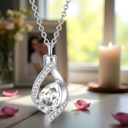 Teardop Cremation Jewelry Urn Necklace for Human Pet Ashes CZ Heart Stainless Steel Urn Pendant Memorial Jewelry Sympathy Gift - color: April