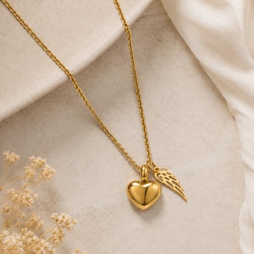 Gold Heart Urn Necklace for Ashes, Gold Stainless Steel Cremation Jewelry with Angel Wing Charm, Waterproof Memorial Keepsake Pendant, 22 Inch Chain with Lobster Clasp & Filling Funnel