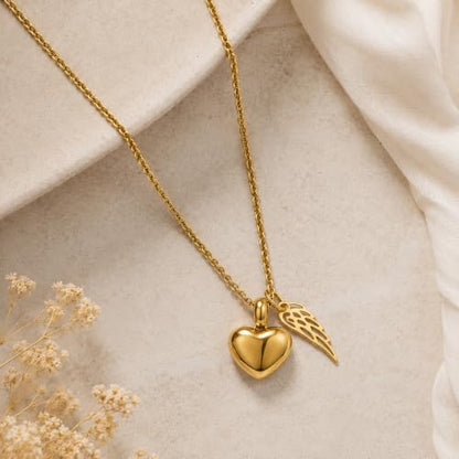Gold Heart Urn Necklace for Ashes, Gold Stainless Steel Cremation Jewelry with Angel Wing Charm, Waterproof Memorial Keepsake Pendant, 22 Inch Chain with Lobster Clasp & Filling Funnel