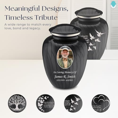 Geturns Embrace Adult Personalized Doves Cremation Urns for Human Ashes I Large Picture Pearl Black Funeral Urn for Adult Men and Women with Double Side Engraving I 200 lbs - color: _Pearl Black (Double Sided)