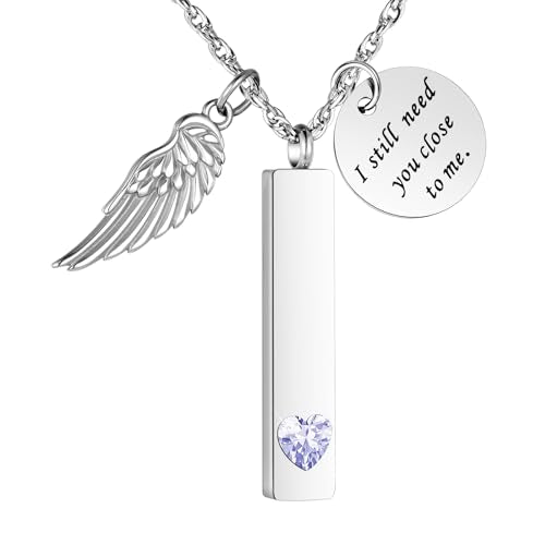 XIUDA Cremation Jewelry for Ashes with Angel Wing Charm Vertical Bar Urn Necklace Stainless Steel Memorial Keepsake Pendant for Women - color: Light Purple