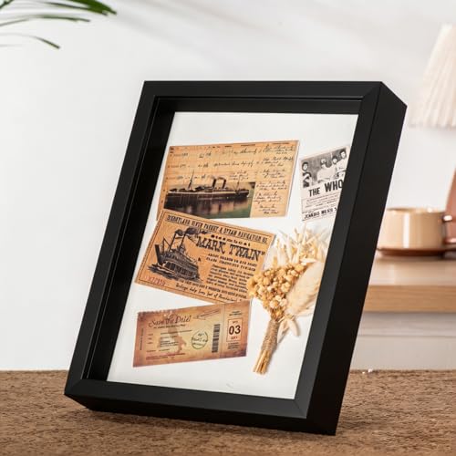 8x10 Shadow Box Frame with Ultra-Clear Glass & Soft Linen Back | With Push Pins and Stand, Deep 1.2" Black Shadow Box Display Case – Display on Tabletop or Wall for Photo, Flower, Keepsakes - color: Black+high Definition Panel + Shatter-proof Packaging, s